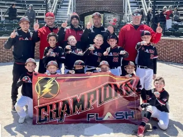 9U boys Flash baseball team with coaches champions of the USSSA battle of the states
